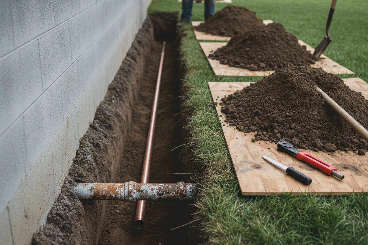 Excavated water line trench during Sewer Line Repair in Hoffman Estates